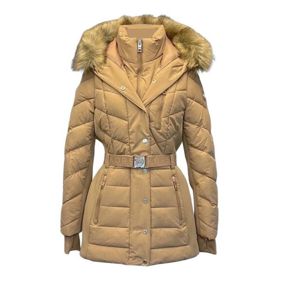 Michael Michael Kors Belted Puffer Faux Fur Trim Hooded Coat Jacket Dark Camel L - Picture 1 of 3